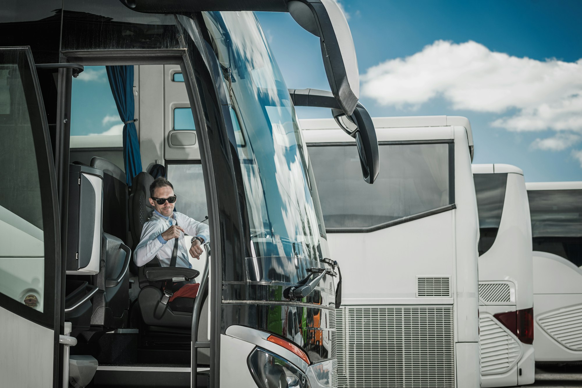 Bus Driver Pointing At Wrist Watch.